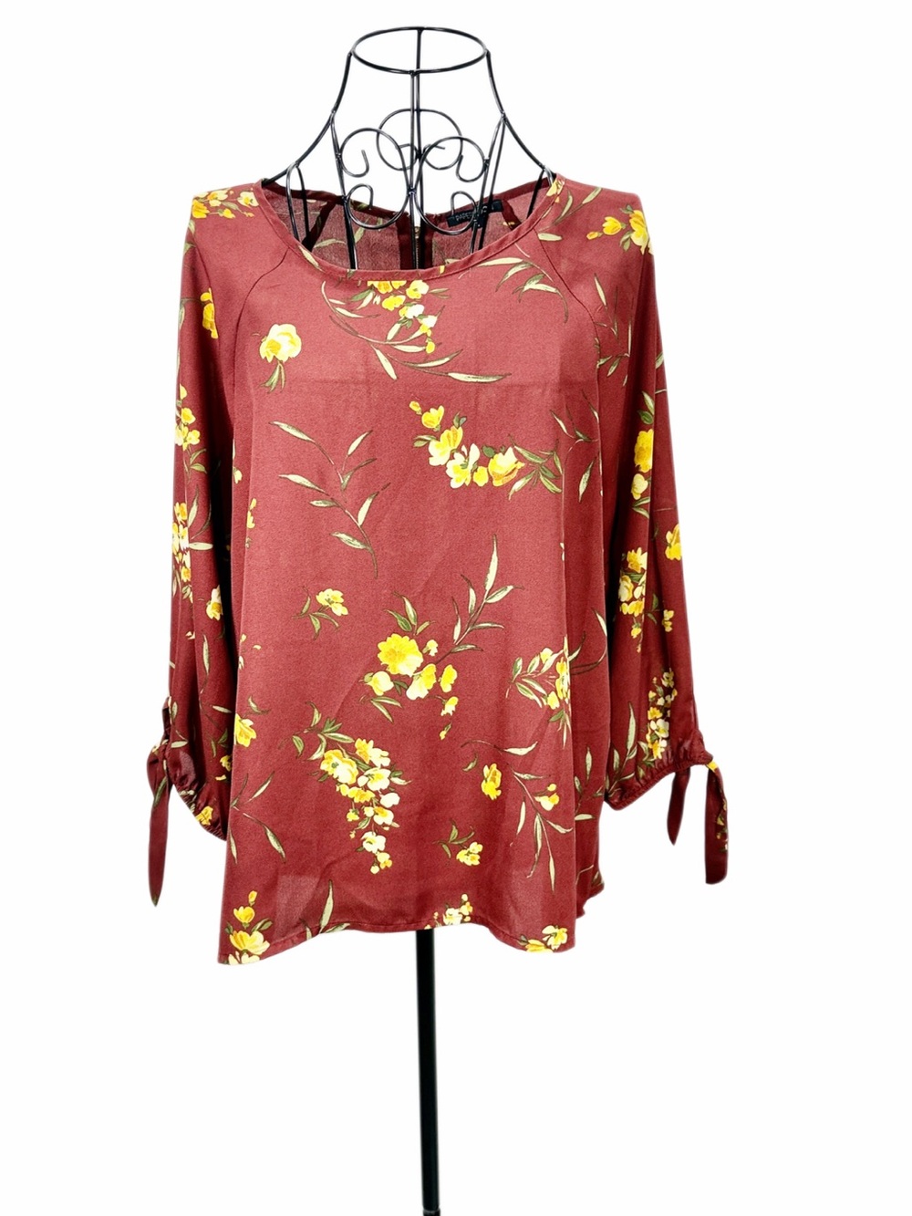 Papermoon Burgundy Floral Tie-Sleeve Blouse with Yellow Accents